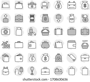 Editable thin line isolated vector icon set - purse, shopping bag, doctor case vector, dropper, passenger, suitcase, baggage checking, get, trolley, flour, washing powder, garbage, construct, pasta
