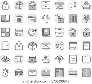 Editable thin line isolated vector icon set - unlock, box, mail, window, door, arch, package, documents, insurance, shop, unlocked, book vector, copybook, archive, japanese candle, office, umbrella