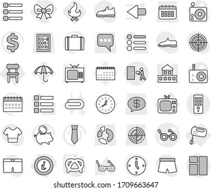 Conjunto de íconos vectoriales aislados de línea delgada editable - arco, info, pacemaker vectorial, cabaña, entrega de mensajería, silla, tv, mezclador, pretzel, fuego, toalla, gafas, candado, caja, reloj, corbata, calendario, pantalones cortos