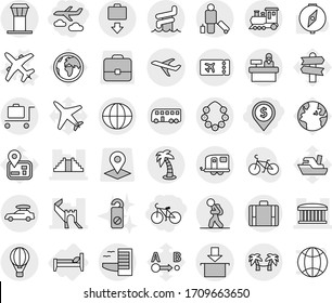 Editable thin line isolated vector icon set - dollar pin, journey, bike, greate wall, airport building, pyramid, plane, package, globe, train, car baggage, trailer, bus, air ballon, tourist, tower