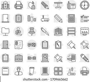 Editable thin line isolated vector icon set - pencil, door, building, school, office, phone, client, clipboard, hotel, watch, table, rack, printer vector, trash bin, pen, paper pin, exam, manager