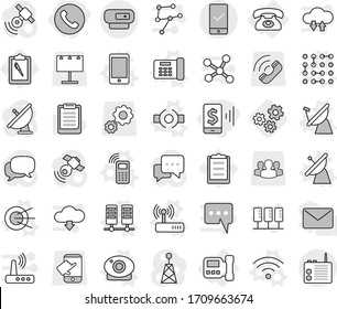 Editable thin line isolated vector icon set - mobile pay, phone, checking, intercome, connect vector, satellite antenna, server, office, web camera, wireless, router, circuit, gears, clipboard, call