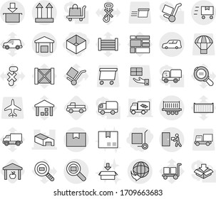 Editable thin line isolated vector icon set - box, cargo stoller, warehouse, delivery, truck shipping, car, package, top sign, courier, search, fast deliver, pickup, sea container vector, wood, gift