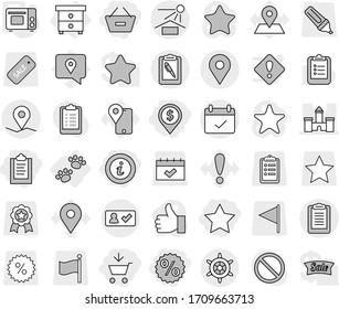 Editable thin line isolated vector icon set - add to cart, clipboard, remove from basket, dollar pin, percent, star, info, castle, geo, terms, pen, sun potection, check in, handwheel, nightstand