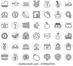 Editable thin line isolated vector icon set - market, flower, sperm vector, leafs, hospital recieption, barn, dome house, greenhouse, bed, stadium, protected, life vest, in window, solar power, pear