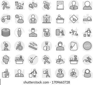 Editable thin line isolated vector icon set - hand coin, broken vector, doctor, under construction, architector, client, support manager, customs, control, do not trolley sign, courier delivery, man