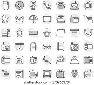 Editable thin line isolated vector icon set - phone, tv, baby stroller, church, rocket, curtain, table, stool, fridge, plug vector, kettle, hand mill, sickle, horseshoe, windmill, washboard, apron