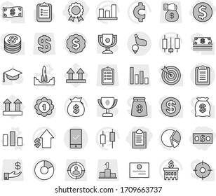 Editable thin line isolated vector icon set - clipboard, dollar coin, money, medal, mobile checking, golf, rocket start vector, chart, graduate hat, award cup, certificate, graph, pie, bag, growth