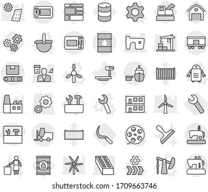 Editable thin line isolated vector icon set - tools, slum, modular house, brick, architector, port, barrel, fork loader, railroad shipping, transporter tape, repair, gear vector, ladle, oil pump