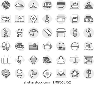 Editable thin line isolated vector icon set - market, dome house, flower bed, trailer, tourist, suitcase, tent, lounger, sun, uv cream, palm, golf, jet ski, table, inflatable pool, slippers, bbq