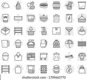 Editable thin line isolated vector icon set - shopping bag, box, cleanser, loading crane, dry cargo, package, chemical, uv cream, cauldron, measuring cup, barrel, bucket, vector, trash bin, jug, oil