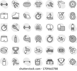Editable thin line isolated vector icon set - t shirt, stopwatch, bike, motorcycle, surfer, tennis, golf, inflatable pool, award cup vector, target, barbell, stadium, weight, hand trainer, muscule