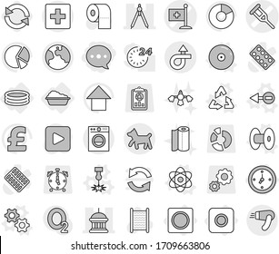 Editable thin line isolated vector icon set - balloon, crutch vector, medical flag, goverment house, drawing compasses, trip, earth, first aid, dog, watch, ring button, washing, inflatable pool, cd