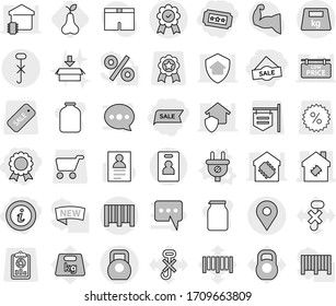 Editable thin line isolated vector icon set - sale, medal, ticket, info, smart house, geo pin, do not hook sign, heavy, bar code, identity card, plug vector, pear, package, jar, personal information