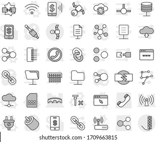 Editable thin line isolated vector icon set - mobile pay, bridge, satellite, share vector, plug, cloud, wireless, sim card, router, browser window, no signal, phone, social media, link, rca, jack