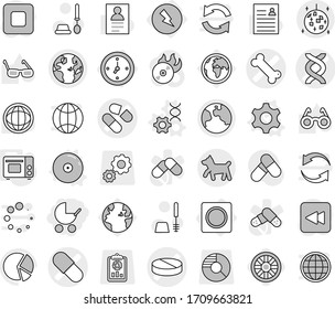 Editable thin line isolated vector icon set - baby stroller, dna vector, pill, bone, globe, earth, disco ball, dog, watch, electricity, ring button, gear, edit, cd, grill oven, wheel, toilet brush