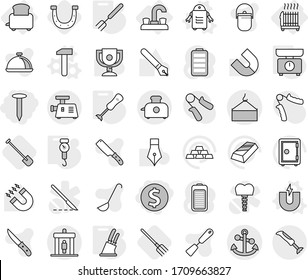 Editable thin line isolated vector icon set - dollar coin, nail, loading crane, anchor, detector, water tap, radiator, toaster, magnet vector, hammer, robot, kitchen scales, handle, big fork, shovel