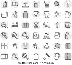 Editable thin line isolated vector icon set - wineglass, magnifier vector, test vial, potion bottle, building, window, arch, fragile, cargo search, mirror, measuring cup, spices, bank, jug, scraper