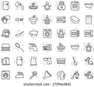 Editable thin line isolated vector icon set - sink, hanger, washing machine, fridge, apron, toaster, food processor, pig, scraper vector, broom, water tap, vacuum cleaner, scoop, sponge, iron