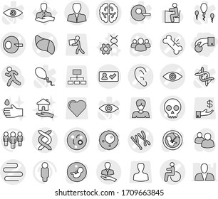Editable thin line isolated vector icon set - hand coin, disability vector, eye, dna, artificial insemination, broken bone, microbe, chromosomes, skull, ear, intestines, brain, liver, client, edit