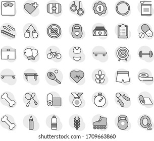 Editable thin line isolated vector icon set - tennis, barbell vector, measuring, scales, heart pulse, stadium, stopwatch, clipboard, bike, weight, jump rope, hand trainer, horizontal bar, shorts