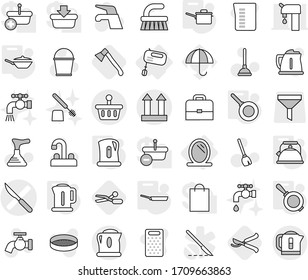 Editable thin line isolated vector icon set - scalpel vector, cargo top sign, basket, mirror, mixer, saute pan, kettle, scissors, axe, pruner, plunger, broom, water tap, fetlock, bucket, grater