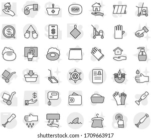 Editable thin line isolated vector icon set - hand coin, anamnesis vector, real estate, handwheel, shark flipper, curtain, electric magnet, touchscreen, rag, mixer, blender, sow, soap, foam basin