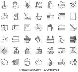 Editable thin line isolated vector icon set - broom, rag, cleaner trolley vector, vacuum, fetlock, scoop, rake, bucket, sponge, towel, water tap, shining, window cleaning, splotch, toilet, agent
