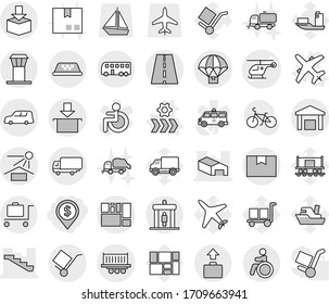 Editable thin line isolated vector icon set - dollar pin, ambulance helicopter vector, warehouse, stairs, road, truck shipping, car, package box, consolidated cargo, trolley, sun potection, bus
