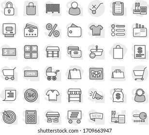 Editable thin line isolated vector icon set - store, shopping list, bag, delivery, mall, do not trolley sign, atm, credit card, cart, gift vector, wallet, money, new, open, 24 hour, percent, market
