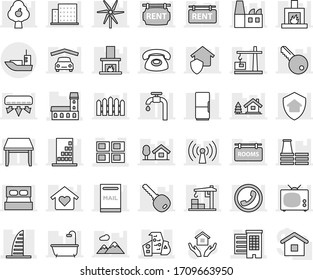Editable thin line isolated vector icon set - mansion, houses, skyscraper, modern architecture, panel house, sea shipping, hold vector, chalet, mailbox, windmill, water supply, fruit tree, mountain