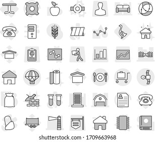 Editable thin line isolated vector icon set - lighthouse, barn, school, satellite, parachute delivery, cafe, baggage trolley, table, phone, connect vector, chip, analytics, flour, goose, paper towel
