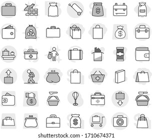 Editable thin line isolated vector icon set - purse, add to basket, shopping bag, doctor vector, case, tourist, suitcase, baggage checking, get, trolley, flour, washing powder, garbage, trash, pasta