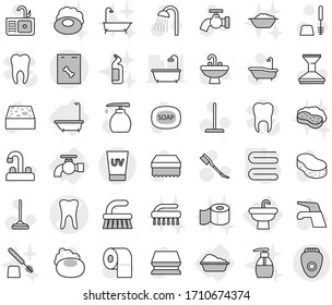 Editable thin line isolated vector icon set - tooth vector, roentgen, uv cream, water tap, sink, bath, washing, towel, soap, fetlock, mop, sponge, car, toilet brush, liquid, paper, shower, with foam