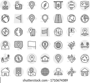 Editable thin line isolated vector icon set - dollar pin, home, road, geo, location details, map, route a to b, mobile, signpost, compass, orbit vector, hierarchy, world, flag, navigator, earth