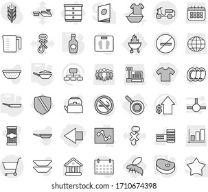 Editable thin line isolated vector icon set - left arrow, t shirt, scooter shipping, cart, no smoking, chest of drawers, pan, bbq, analytics vector, steake, ketchup, wasp, plates, handle washing