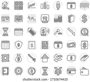 Editable thin line isolated vector icon set - credit card, receipt, mobile pay, bar code, calculator, atm, chart vector, housing, exchange, graph, gold ingot, laptop, cash, crisis, money bag, target