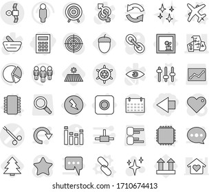 Editable thin line isolated vector icon set - left arrow, calculator, surgical clamp vector, modern architecture, satellite, handwheel, flower in window, electricity, ring button, chip, cpu, plane