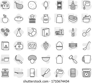 Editable thin line isolated vector icon set - mixer, cup, pan, steam, apron, blender, food processor, cereals, flour, steake, chicken leg, croissant, pretzel, coffee seeds, sickle, grape, pear, jar