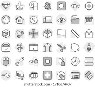 Editable thin line isolated vector icon set - box, spark plug, diamond, calendar, medical cross vector, eye, arch, terms, key, blocks, electron, 3d, windmill, fish, sun, plates, toilet paper, microb