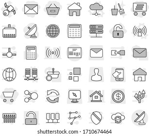 Editable thin line isolated vector icon set - cart, remove from basket, delivery, mail, unlock, invoice, unlocked, antenna vector, server, cloud, bucket and broom, calculator, satellite, man, dollar