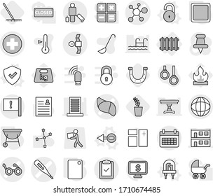 Editable thin line isolated vector icon set - medical cross vector, thermometer, virus, liver, pacemaker, modular house, globe, important flag, satellite, calendar, clipboard check, passenger, led