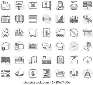 Editable thin line isolated vector icon set - splotch vector, welcome mat, washing powder, liquid soap, cleaner woman, clipboard, abacus, music, receipt, barbell, t shirt, roller Skates, attention