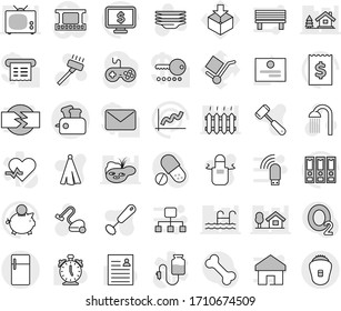 Editable Thin Line Isolated Vector Icon Set - Vacuum Cleaner Vector, Plates, Shower, Apron, Towel, Whisk, Meat Hammer, Alarm Clock, Certificate, Personal Information, Graph, Piggy Bank, Receipt, Tv