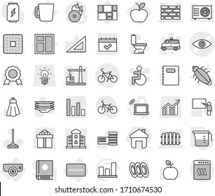 Editable thin line isolated vector icon set - home, eye vector, building, brick wall, fence, bike, surveillance camera, cup, window, welcome mat, cpu, laptop wifi, measuring, apple, mop, towel, bug