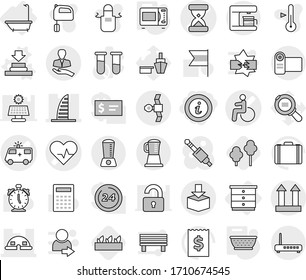 Editable thin line isolated vector icon set - info, disability vector, heart pulse, sand clock, ambulance car, skyscraper, dome house, satellite, client, cargo top sign, package, bath, press, trees