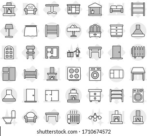 Editable thin line isolated vector icon set - door, arch window, plan, rack, restaurant, curtain, table, nightstand, chest of drawers, wardrobe, dresser, stool, chair, armchair, crib, fireplace, hob