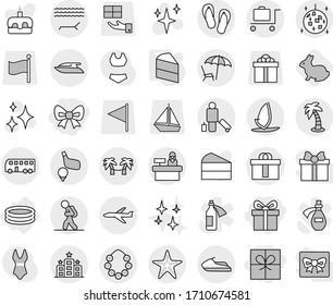 Editable thin line isolated vector icon set - gift, bow, hi quality package, plane, bus, tourist, passenger, lounger, palm, hawaiian wreath, disco ball, starfish, baggage trolley, hotel, reception