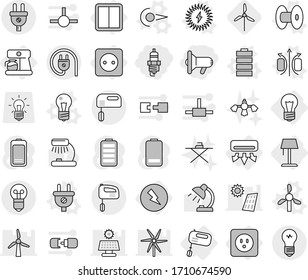 Editable thin line isolated vector icon set - megafon, spark plug, bulb, air conditioning, electricity, power socket, switch, mixer, coffee maker, floor lamp, photon vector, magnetic field, coil