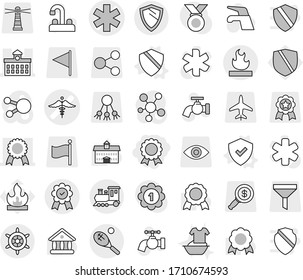 Editable thin line isolated vector icon set - medal, ambulance star vector, sign, university, flammable, train, tennis, shield, handwheel, water tap, handle washing, protected, lighthouse, funnel